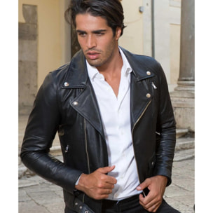 Chiodo biker in pelle nera con cintura nappa effetto liscio