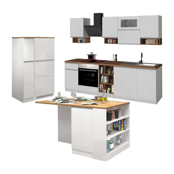 Cucina completa Armend, Set con dispensa, Mobile per cucinotto, Kit blocco con isola e portafrigo, 100% Made in Italy, Bianco lucido e Rovere