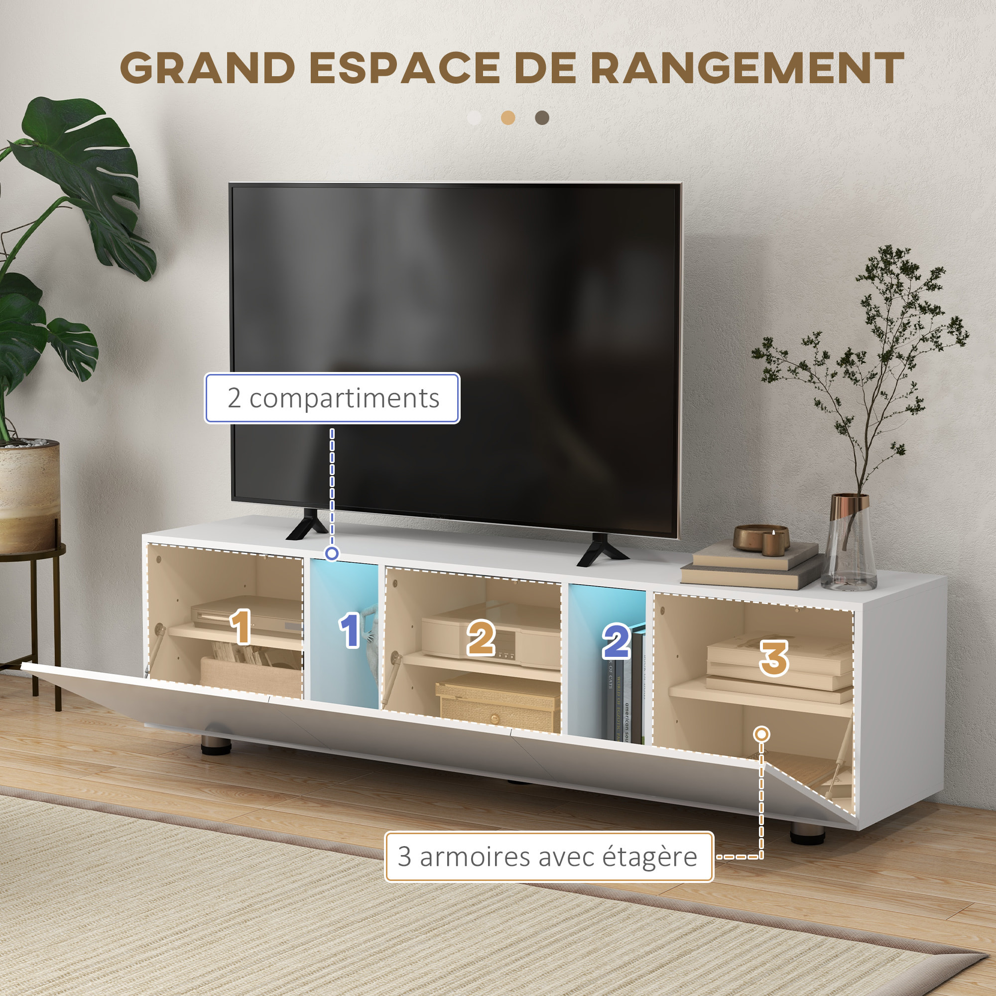 Meuble TV Banc TV style contemporain 3 portes abattantes panneaux blanc laqué