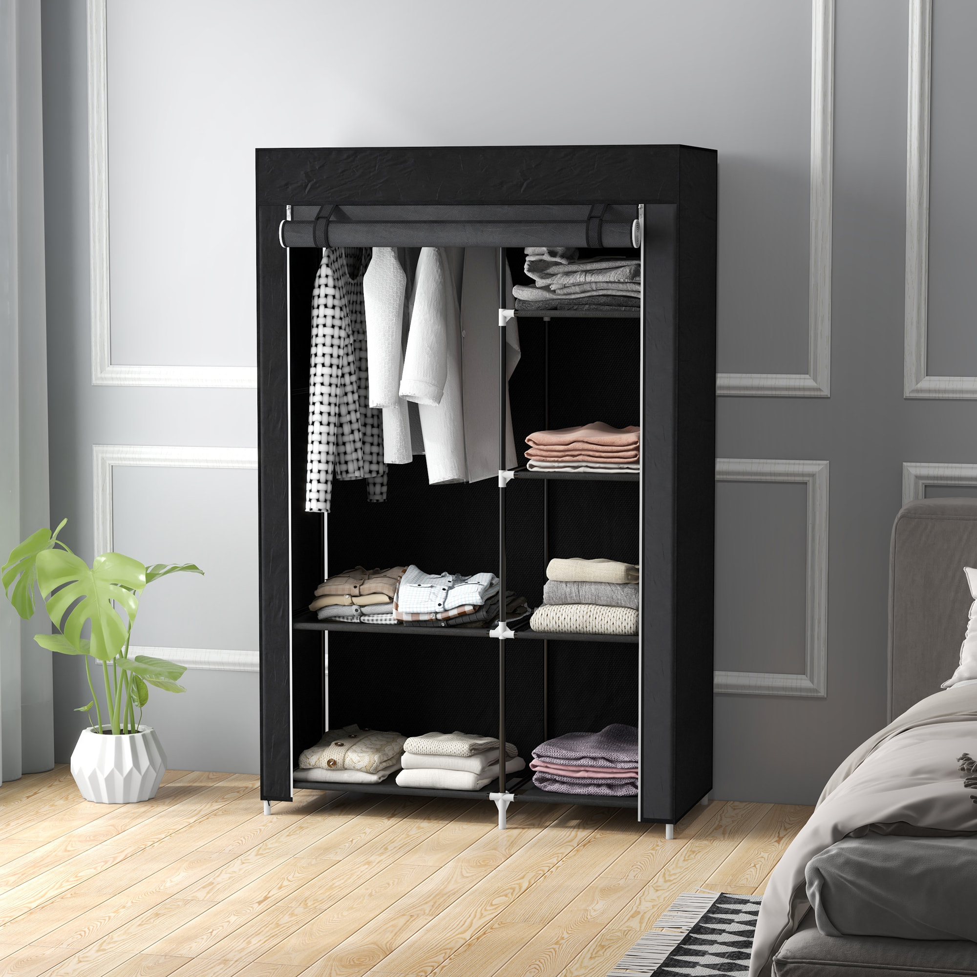 Armario de Tela Plegable Armario de Ropa Organizador Ropero Portátil con Estantes y Barra para Colgar para Dormitorio Vestidor 103x43x162,5 cm Negro