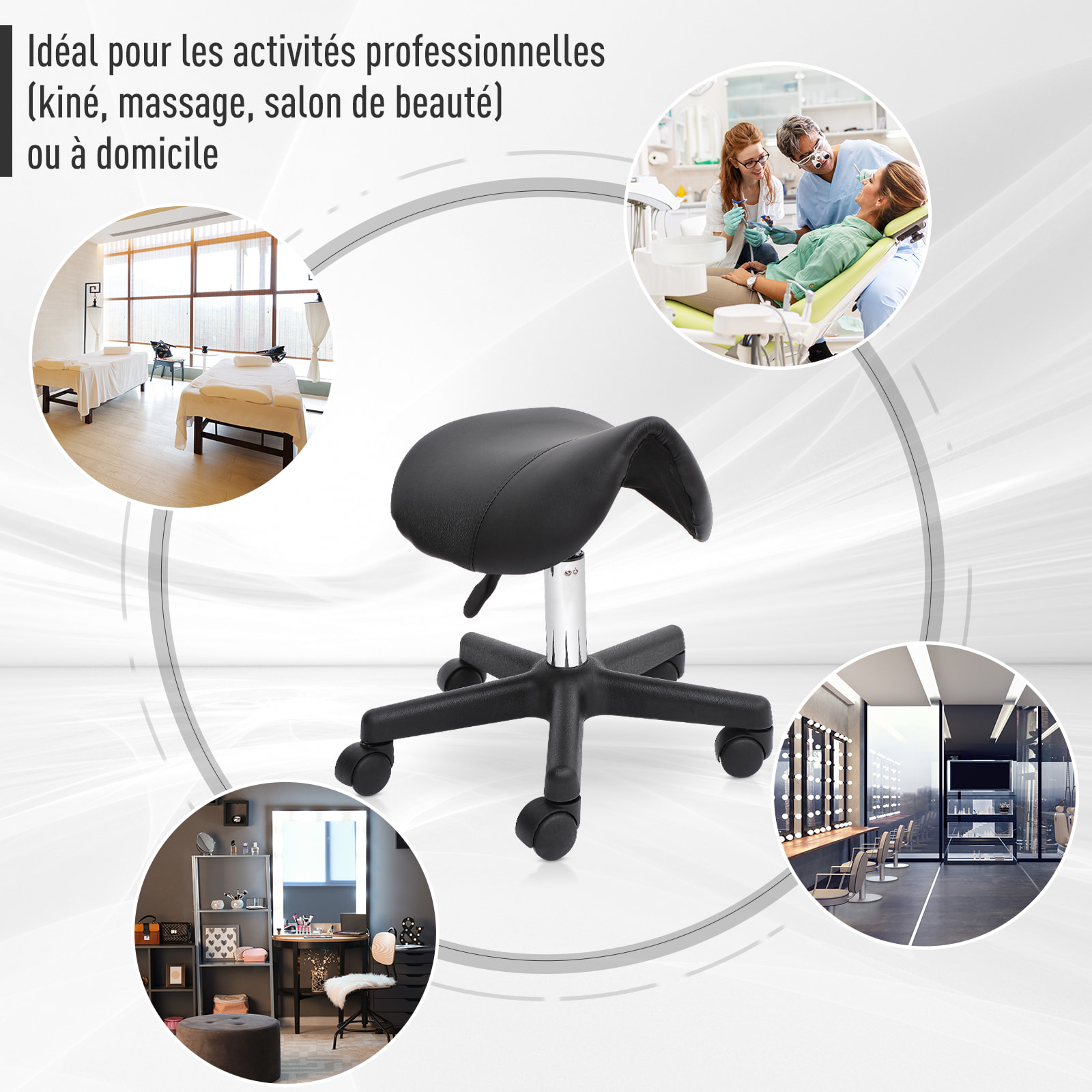 HOMCOM Tabouret de massage tabouret selle ergonomique pivotant 360° hauteur réglable revêtement synthétique noir