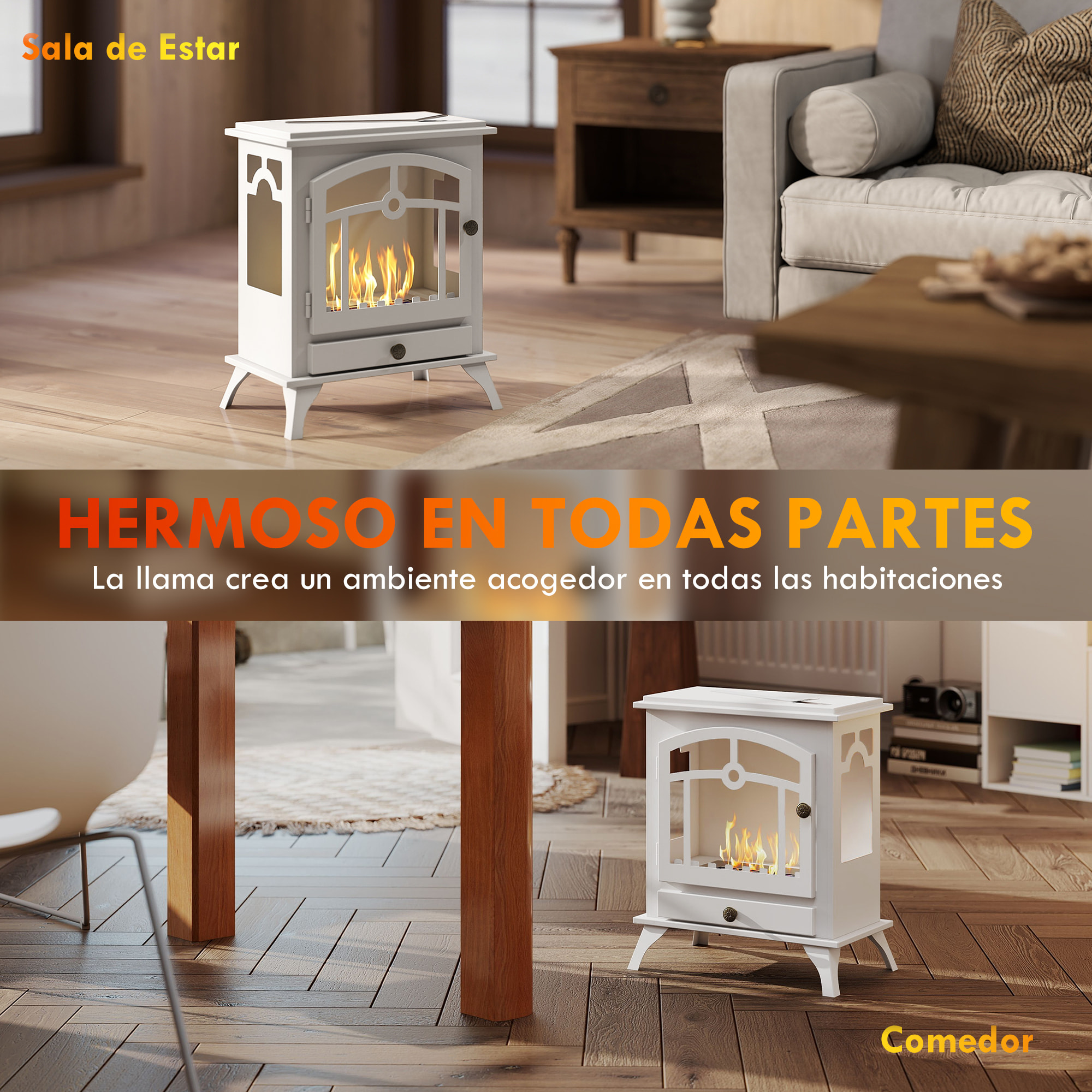 Chimenea de Bioetanol de Pie Estufa de Bioetanol con Tanque de 0,9 L Apagallamas de Acero Inoxidable Tiempo de Combustión 3H para Interiores 20-25 m² 45x28x54 cm Blanco