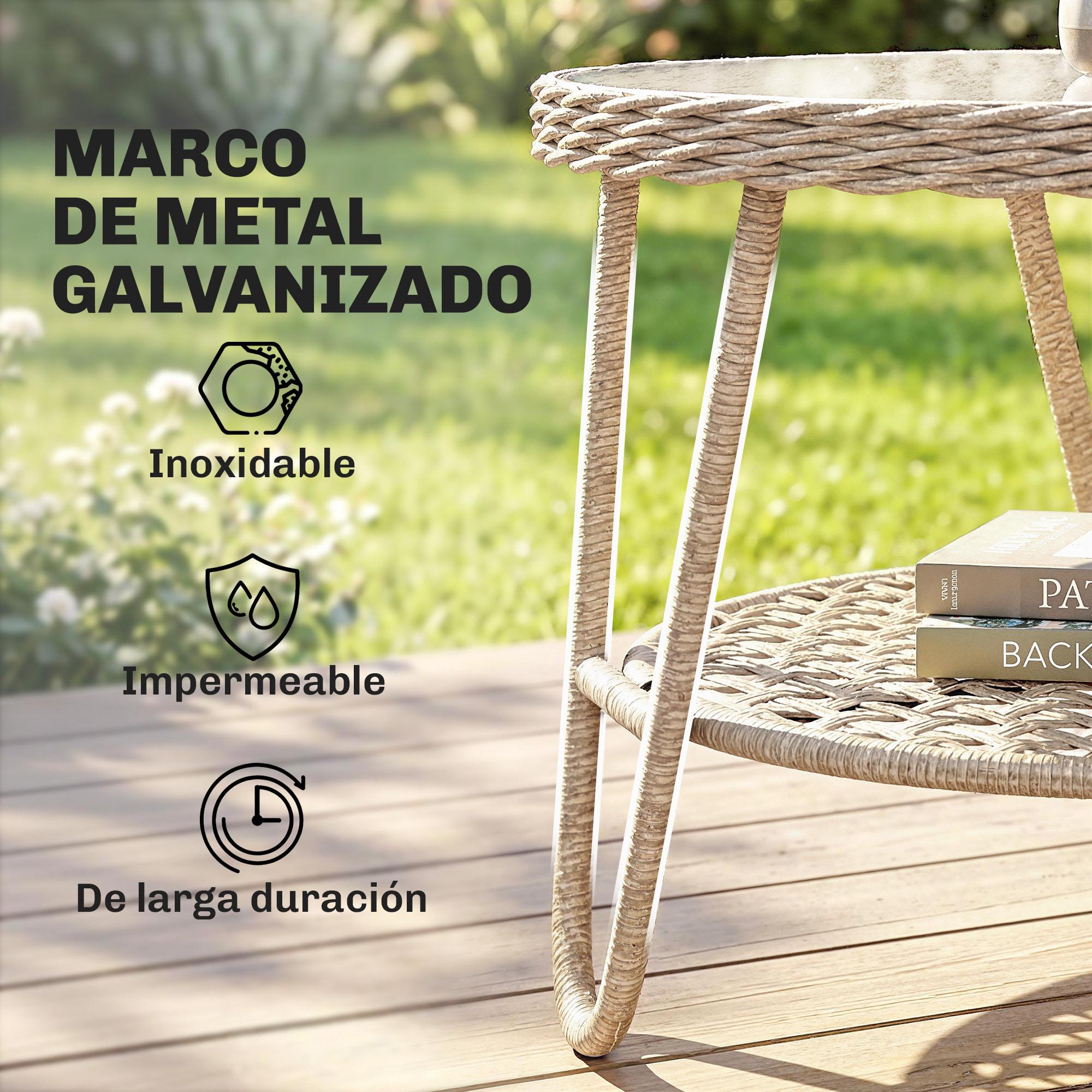 Mesa de Jardín Exterior de Ratán, Mesita Auxiliar de Jardín con Estante, Tablero de Vidrio Templado, Estructura de Metal, para Terraza, Patio, Balcón, 65x65x50 cm, Amarillo