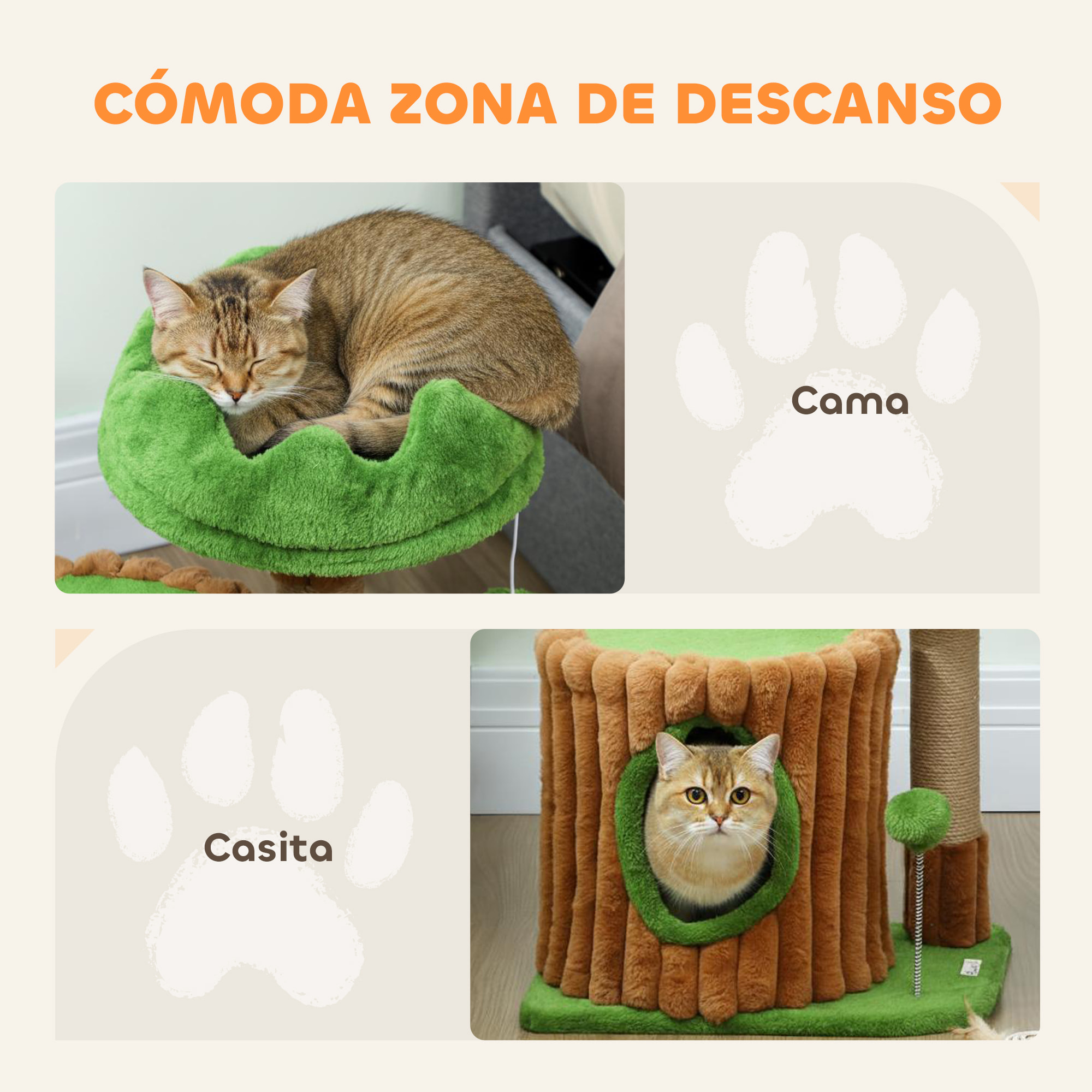 Árbol Rascador para Gatos, Árbol para Gatos 53 cm, Diseño de Tronco, Torre Escalador con Casita, Cama, Poste de Yute, Bolas Colgantes, Marrón y Verde