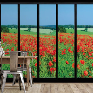 Papier peint, fenêtre sur coquelicots Vert