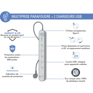 Parafoudre FORCE POWER Lite 5 prises + USB A+C 800J 1.5m EU