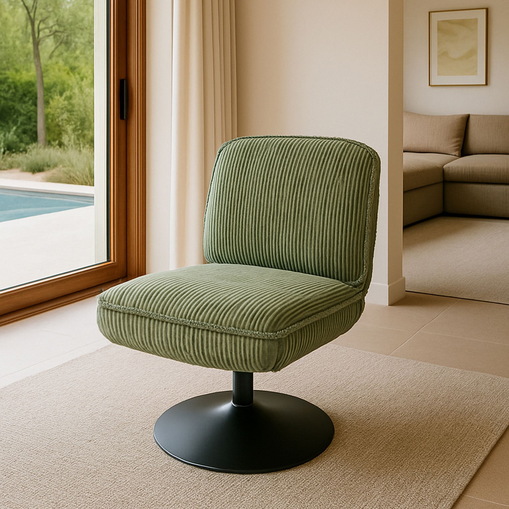 Fauteuil pivotant en velours vert et pied en métal noir FUNKY