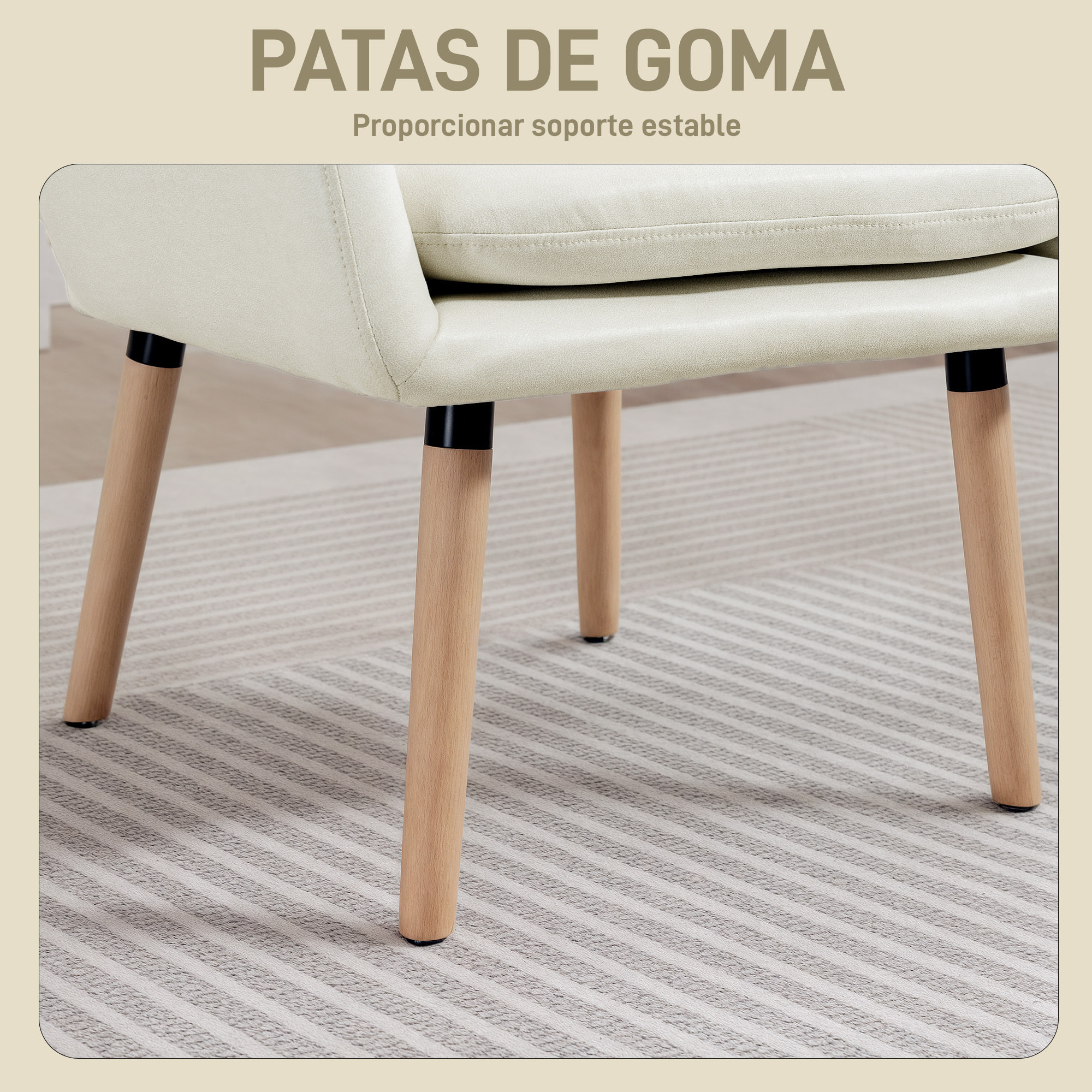 Sillón de Salón Moderno, Butaca de Salón, Acolchado de Doble Capa, Tapizado en Cuero Sintético, Patas de Madera, Sillón de Lectura para Dormitorio, Oficina, Estudio, 68x74x89 cm, Crema