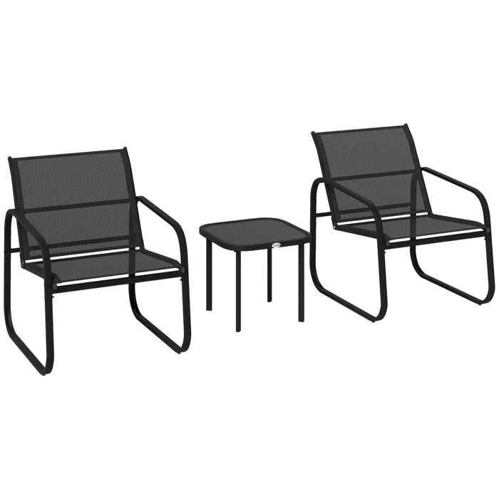 Ensemble bistrot de jardin relax 2 personnes 3 pièces plateau verre trempé acier textilène noir