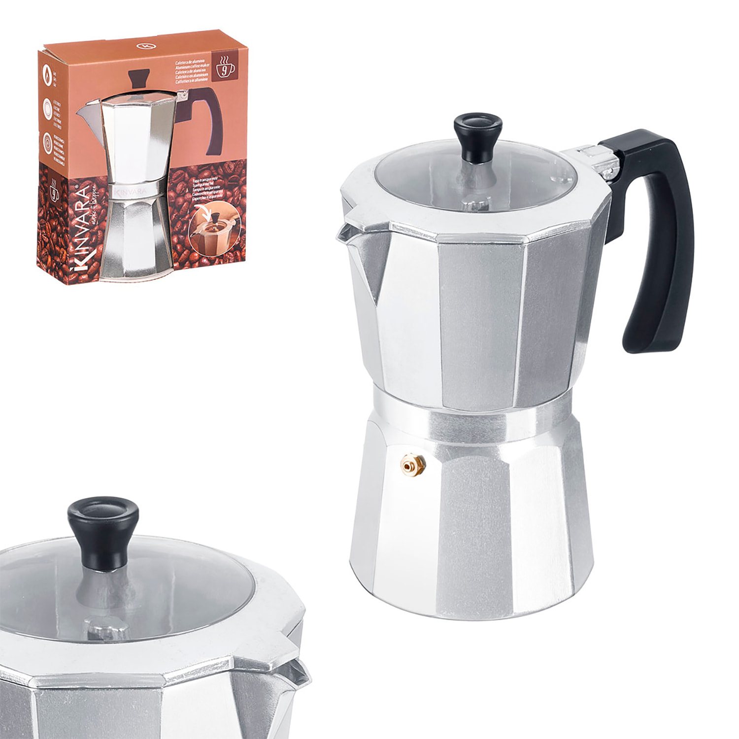 Cafetera de aluminio con tapa transparente y capacidad para 9 tazas.