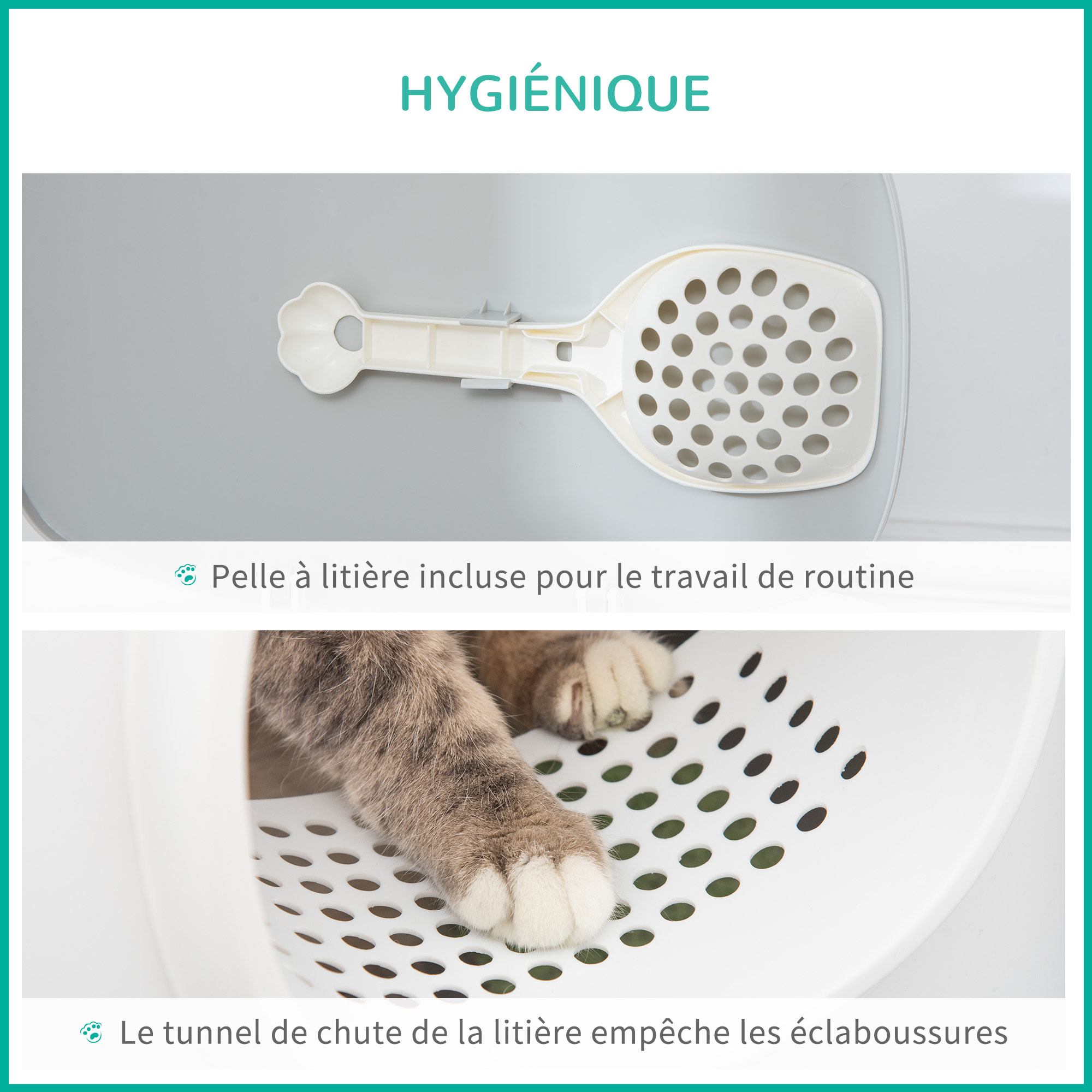 Maison de toilette litière pour chat - porte, couvercle ouvrant  - pelle incluse - blanc gris clair