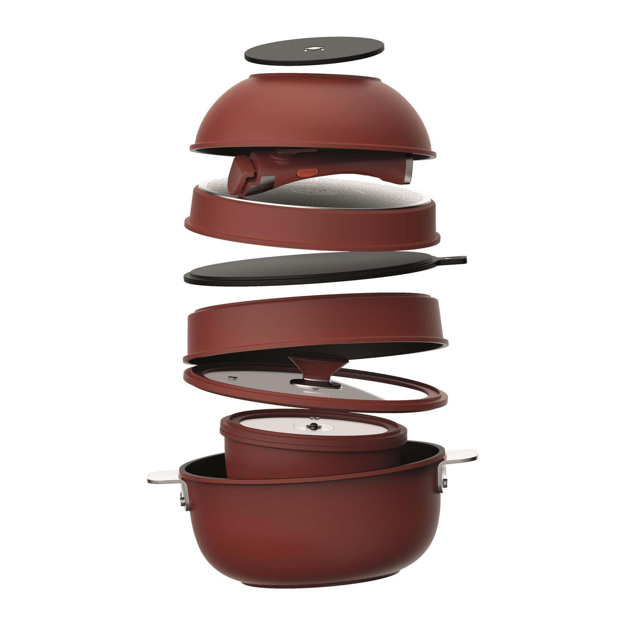 MasterPRO Share & Play Batería de cocina apilable de 10Pcs, Color Rojo, Mango extraíble, Aluminio fundido, Revestimiento cerámico, Control térmico