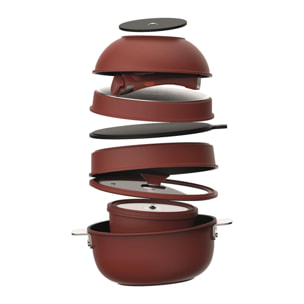 MasterPRO Share & Play Batería de cocina apilable de 10Pcs, Color Rojo, Mango extraíble, Aluminio fundido, Revestimiento cerámico, Control térmico