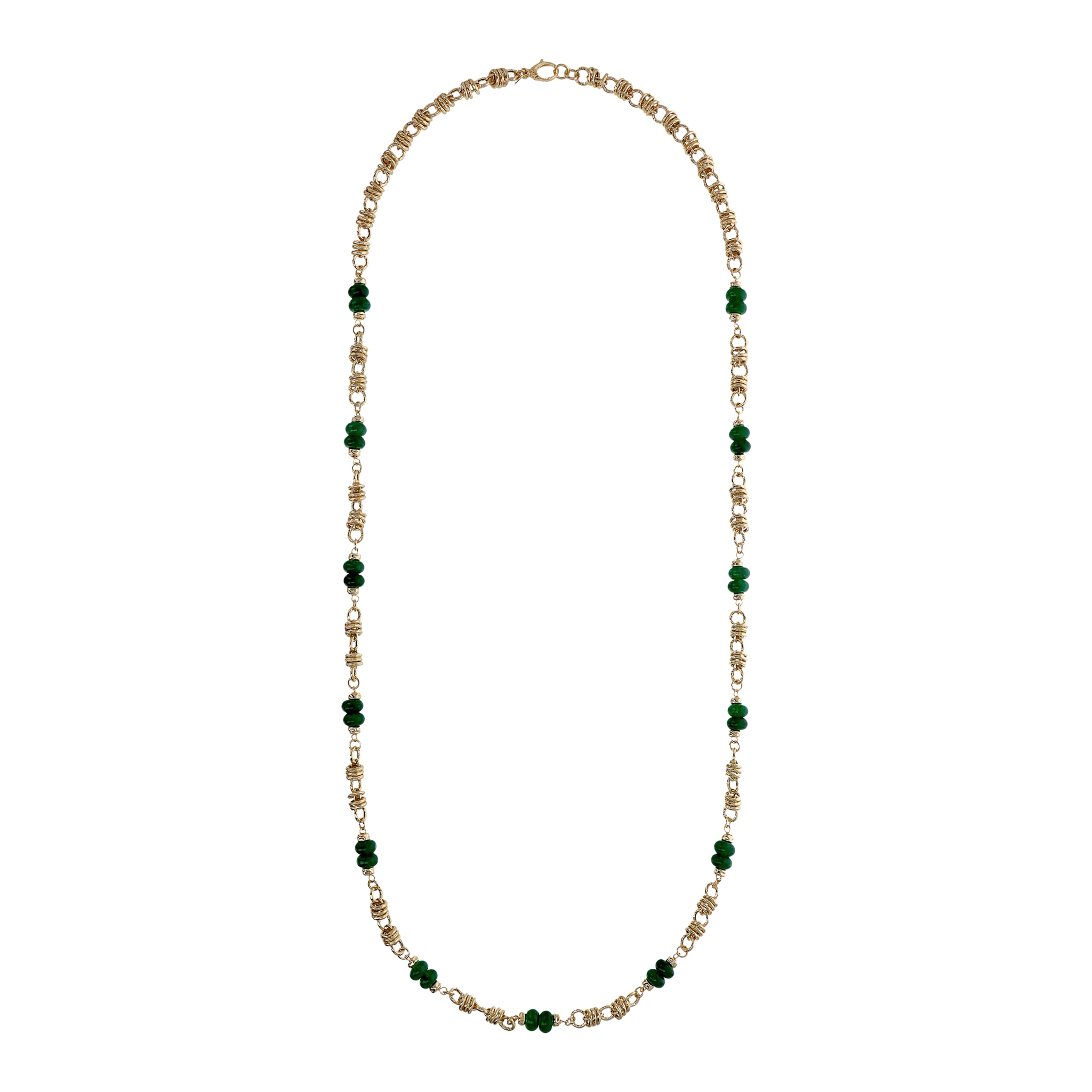 Collana Lunga con Maglia ad Anelli Martellati e Rondelle in Pietra Naturale Quarzo Verde