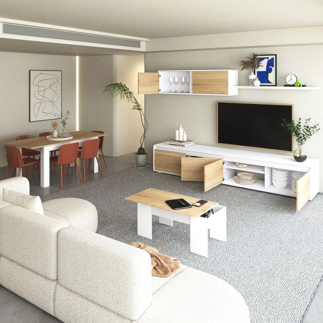 Pack salón con mesa de centro y mesa de comedor Arlet Max V2B Blanco Artik (Blanco Mate) - Roble Canadian