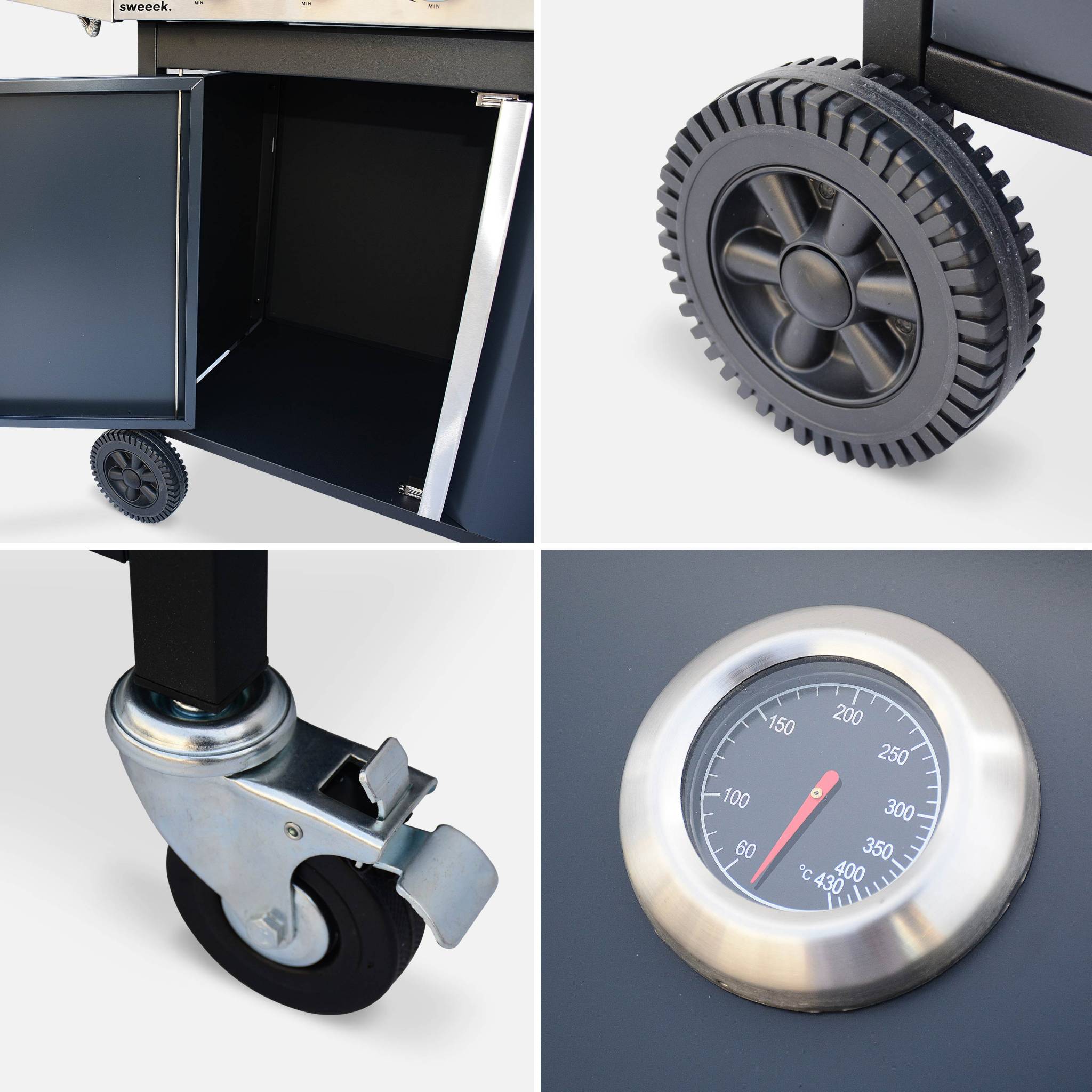 Barbecue au gaz - Bazin 6 Gris anthracite -  Cuisine extérieure 6 brûleurs dont 1 feu latéral avec tablettes et thermomètre. rangement. roues