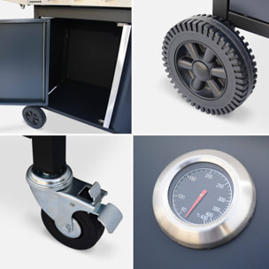 Barbecue au gaz - Bazin 6 Gris anthracite -  Cuisine extérieure 6 brûleurs dont 1 feu latéral avec tablettes et thermomètre. rangement. roues