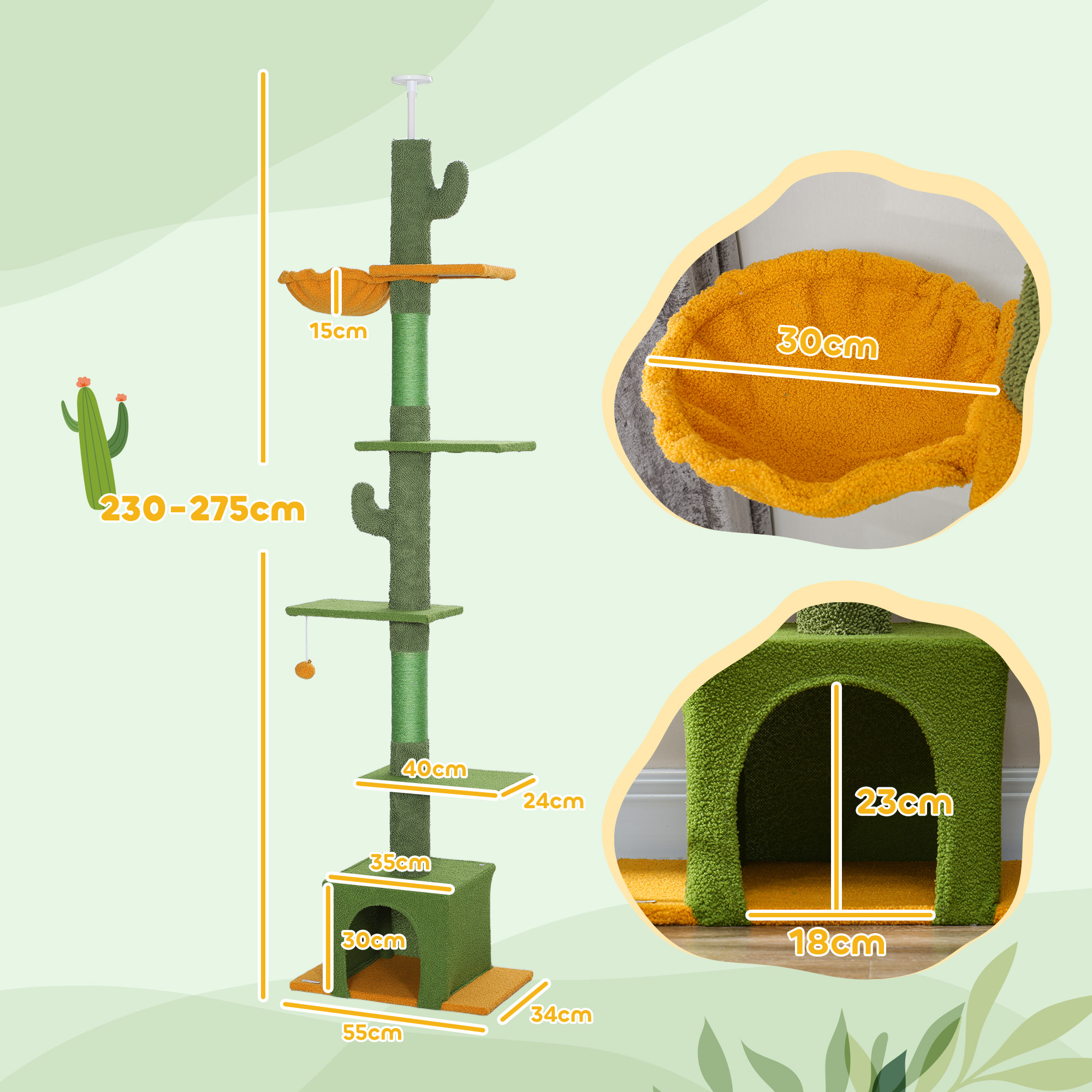 Árbol para Gatos de Suelo a Techo de 230-275 cm, Torre para Gatos con Altura Ajustable, Plataformas, Cueva, Hamaca, Postes de Sisal y Bola de Juguete, Verde