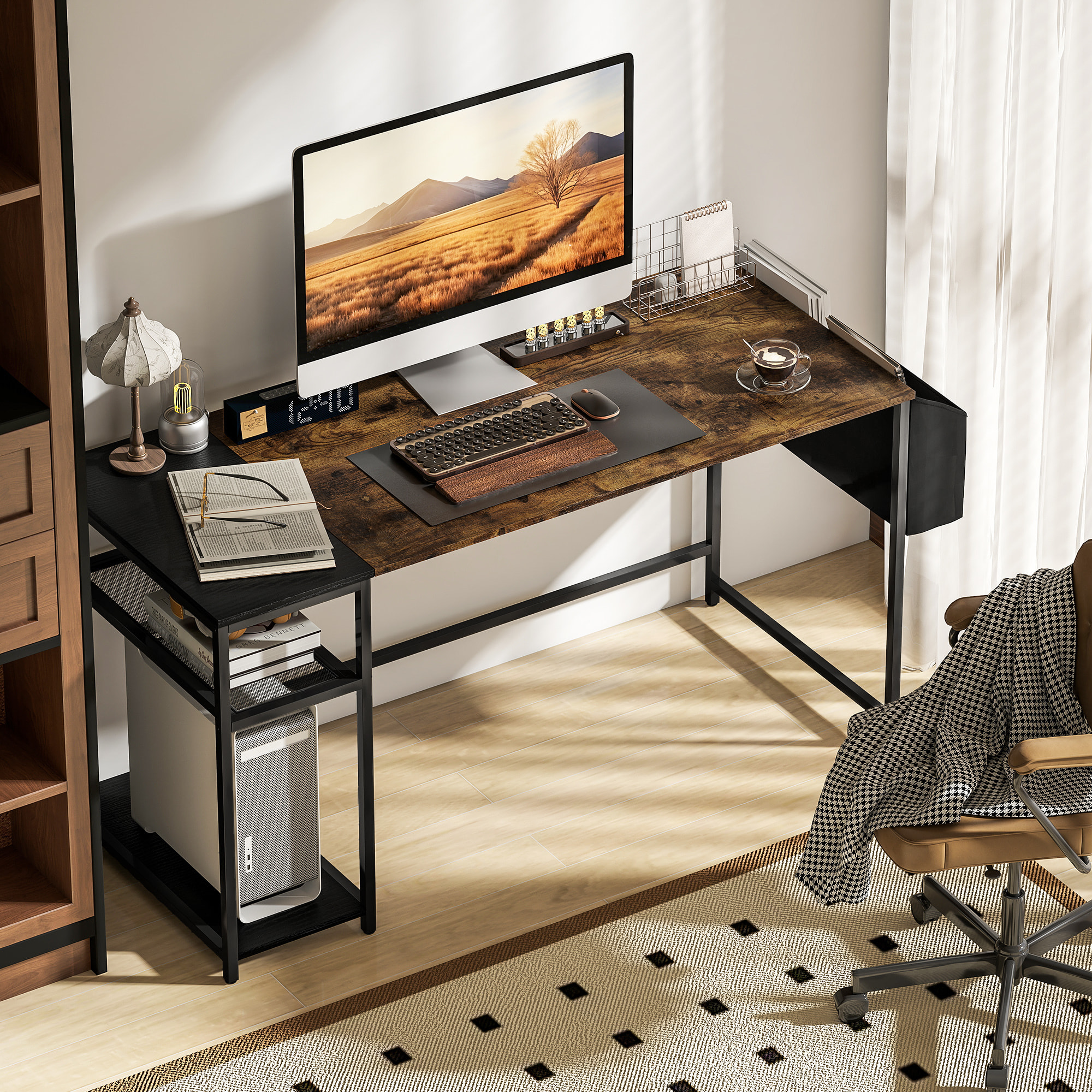 Bureau informatique style industriel dim. 150 x 60 cm - 3 étagères, panier - métal noir effet bois vieilli