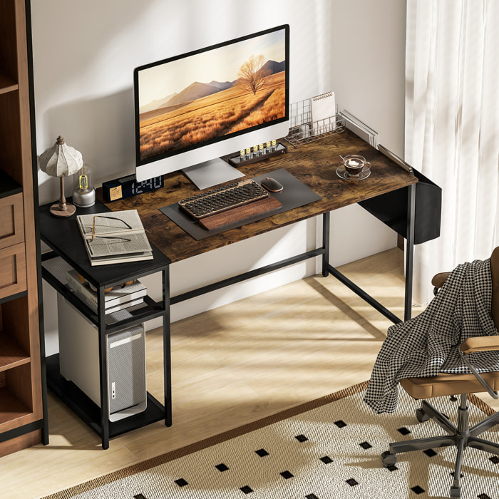 Bureau informatique style industriel dim. 150 x 60 cm - 3 étagères, panier - métal noir effet bois vieilli