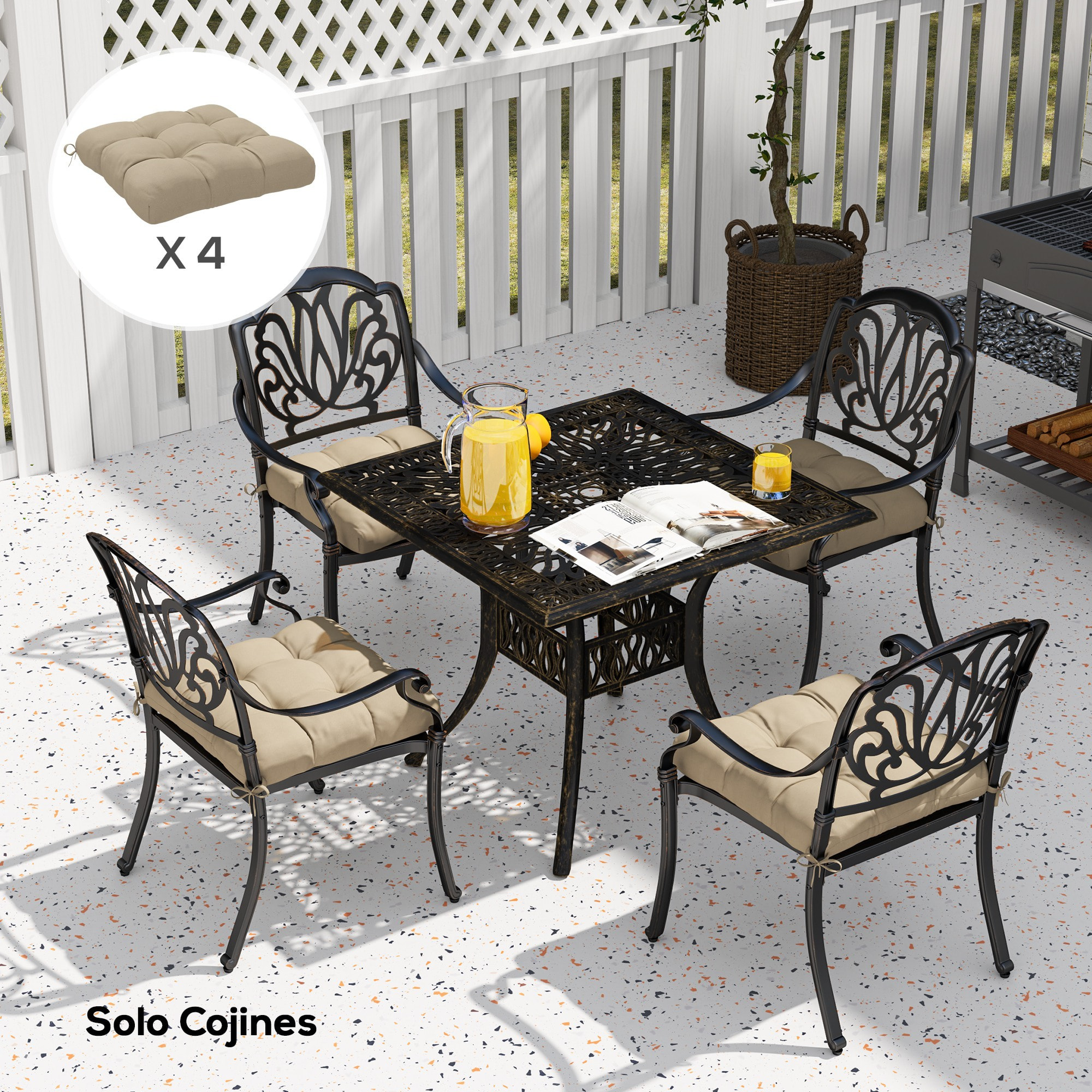 Conjunto de Cojines para Sillas de Comedor 48x48x10 cm Juego de 4 Piezas Cojines para Sillas de Jardín Impermeable y Anti-UV con 2 Cordones de Fijación Caqui
