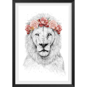 Affiche enfant lion et couronne de fleurs  Affiche + cadre en bois - Noir