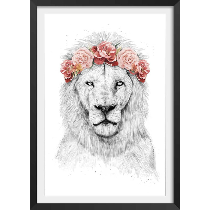 Affiche enfant lion et couronne de fleurs  Affiche + cadre en bois - Noir