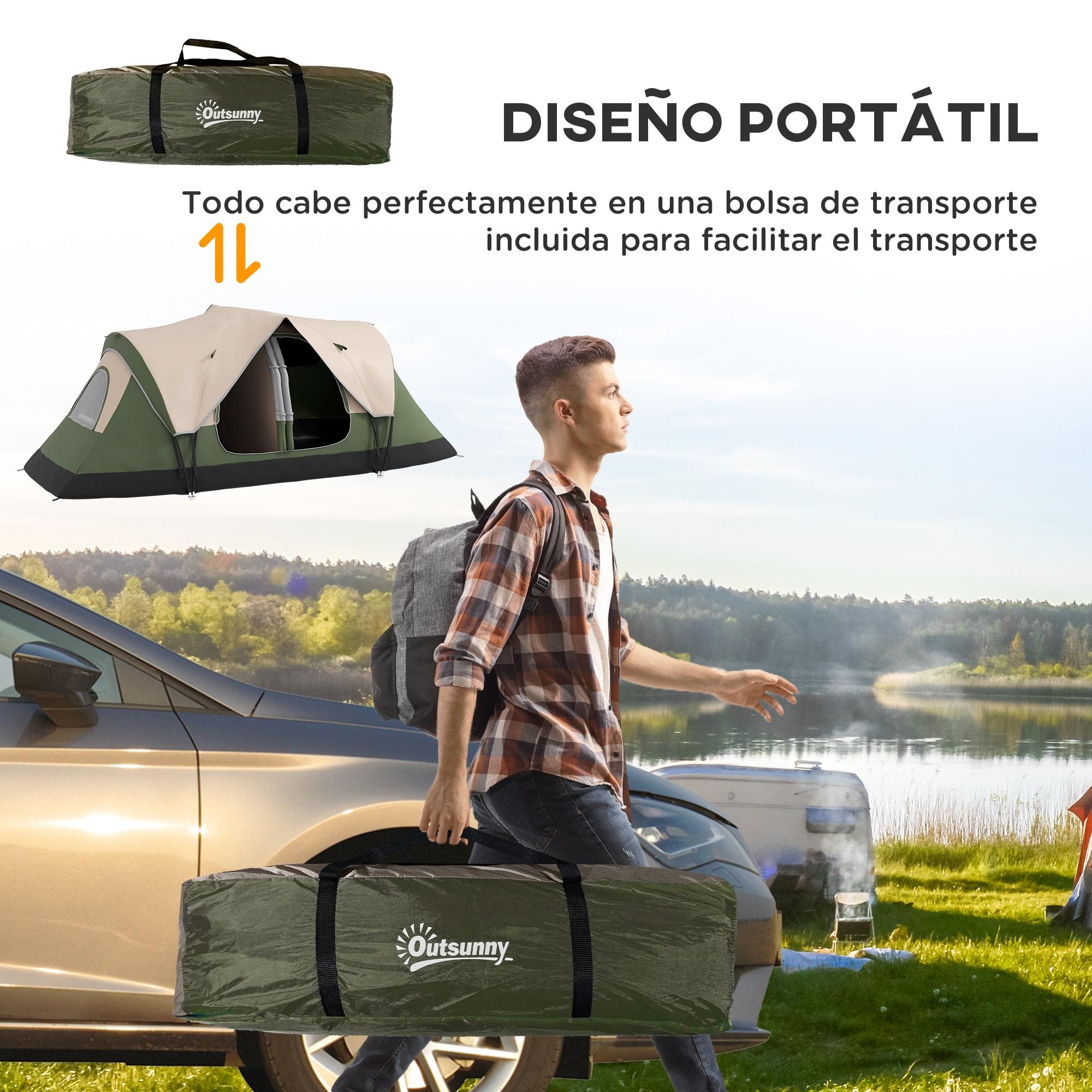 Tienda de Campaña Familiar para 6-8 Personas Tienda de Camping Plegable con 2 Habitaciones y Bolsa de Transporte Impermeable para Senderismo 450x215x180 cm Verde Oliva y Marrón Claro