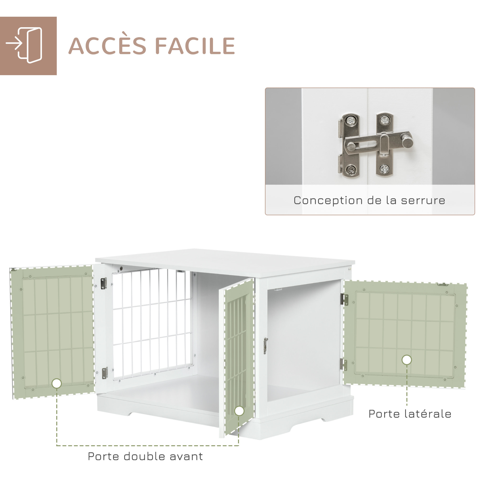 Cage pour chien animaux table d'appoint 2 en 1 - 2 portes verrouillables - dim. 76L x 54,5l x 56H cm - MDF acier blanc