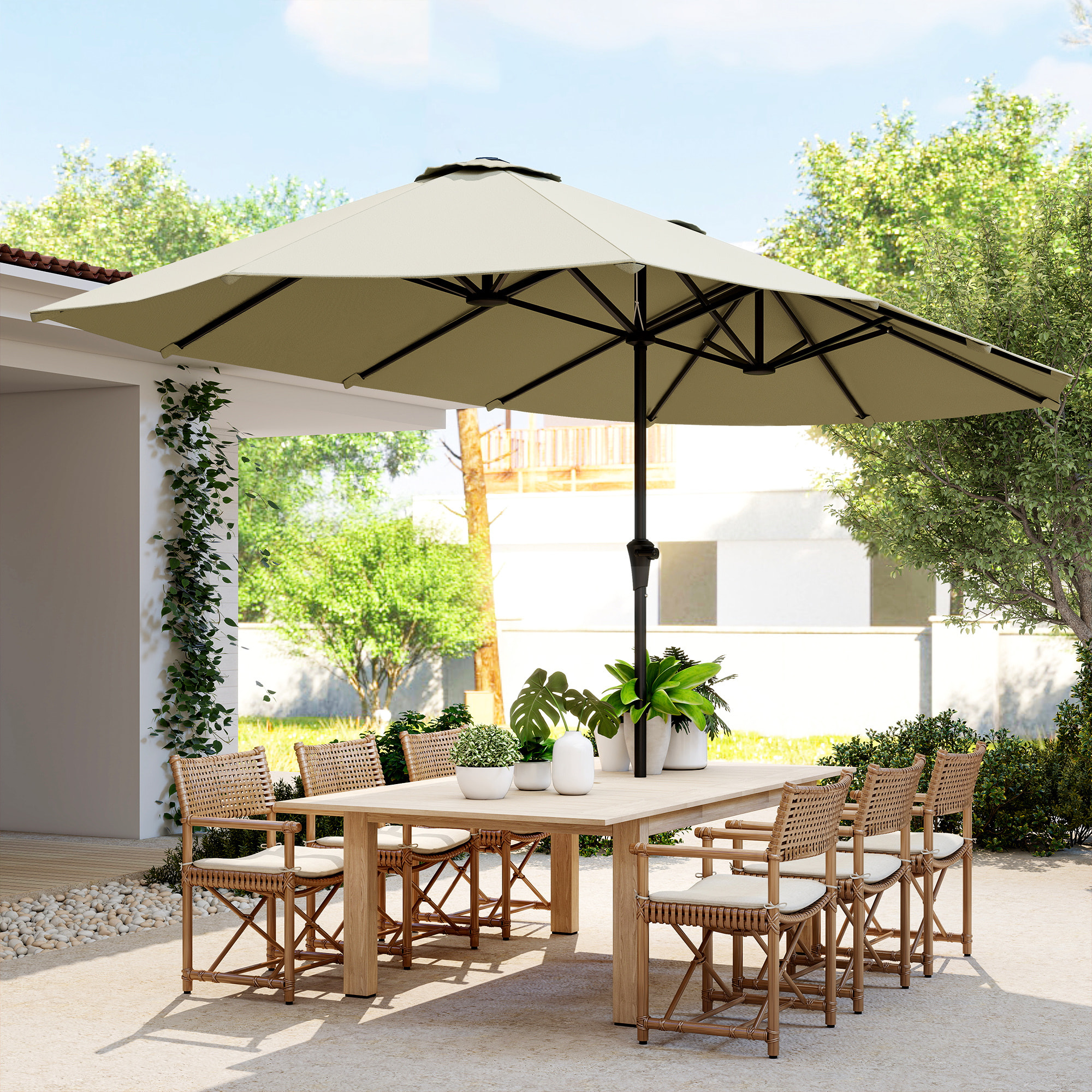 Parasol de jardin grande taille 4 x 2,2 x 2,3 m manivelle métal époxy tissu haute densité 180 g/m² blanc cassé