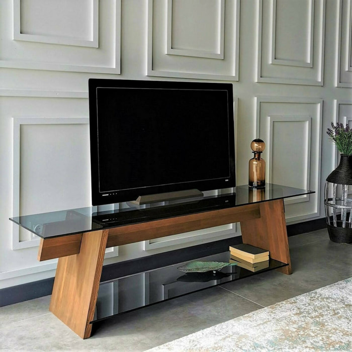 Mobile porta TV Amorosi, Credenza da soggiorno, Armadio basso per TV, Base parete attrezzata, 158x40h45 cm, Noce e Nero