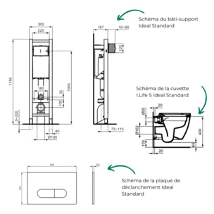 Pack WC suspendu sans bride I.Life S RimLS+ + Abattant frein de chute + Bâti-support autoportant + Plaque blanche