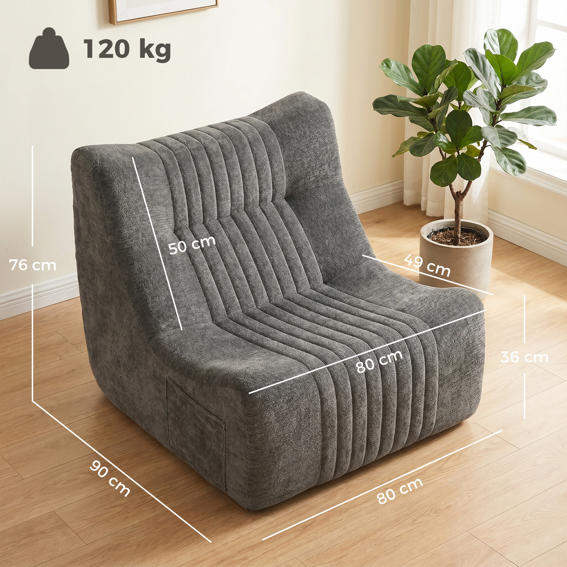 Fauteuil modulable design contemporain effet surpiqûres verticales tissu gris