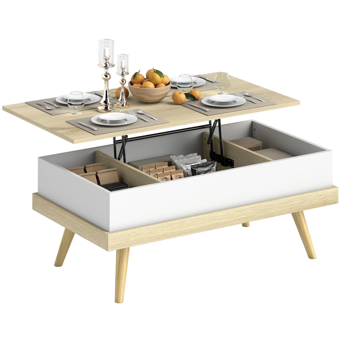 Mesa de Centro Elevable, Mesita de Salón con 3 Compartimientos de Almacenaje Ocultos y Patas de Madera, Mesa de Café para Oficina, Dormitorio, 100x79x54 cm, Natural y Blanco