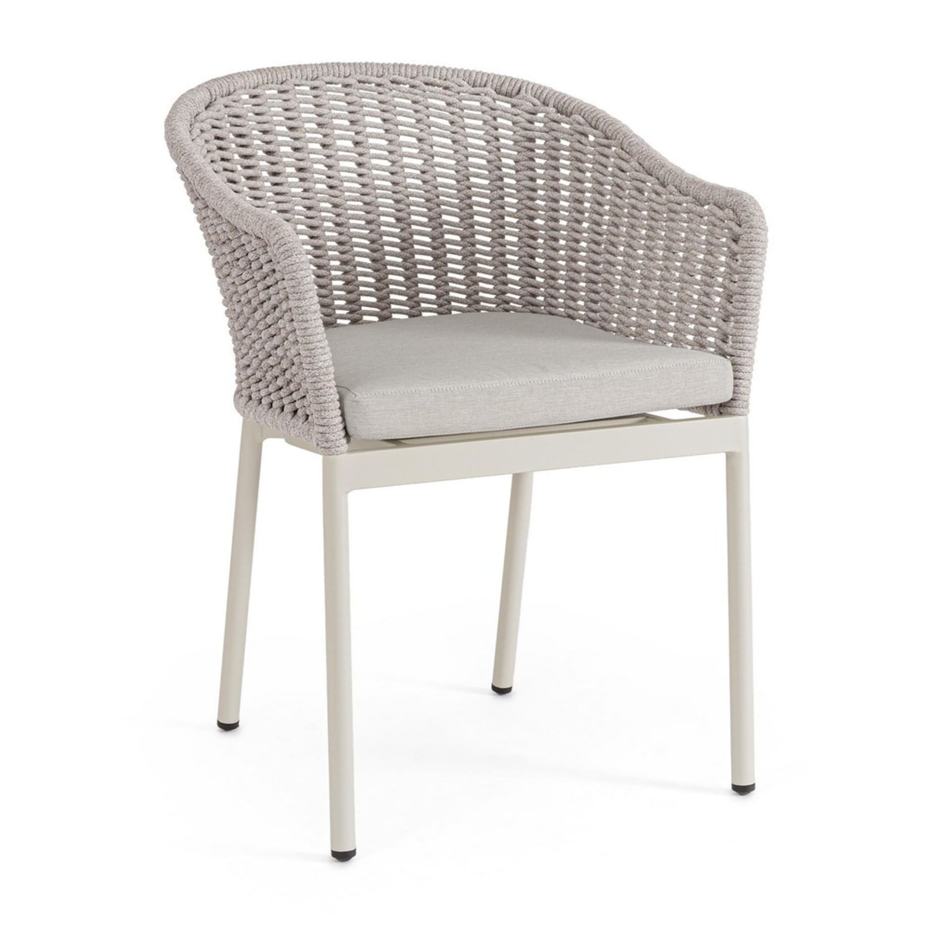 Set di 4 sedie con braccioli ORIO in corda tortora e alluminio beige, impilabili
