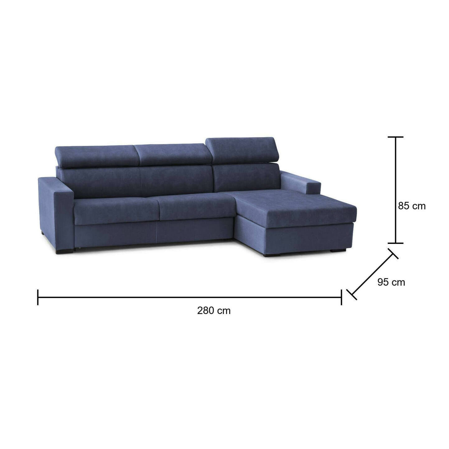 Divano Letto Alberta, Divano ad angolo, 100% Made in Italy, Sofà con apertura girevole, con Penisola contenitore Destra, con Braccioli standard, Cm 280x95h85, Blu