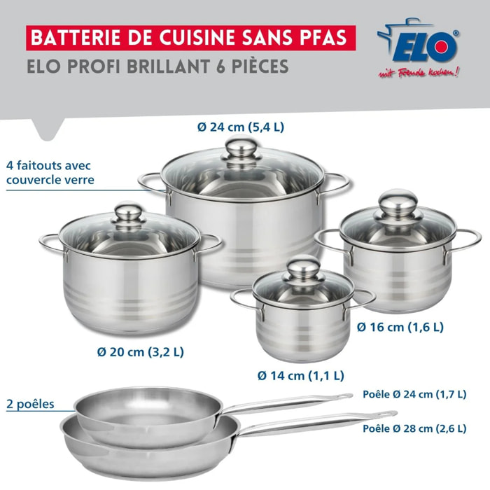 Ensemble de 2 Poêles de cuisson 24 et 28 cm et 4 faitouts 14, 16, 20 et 24 cm Elo Profi Brillant