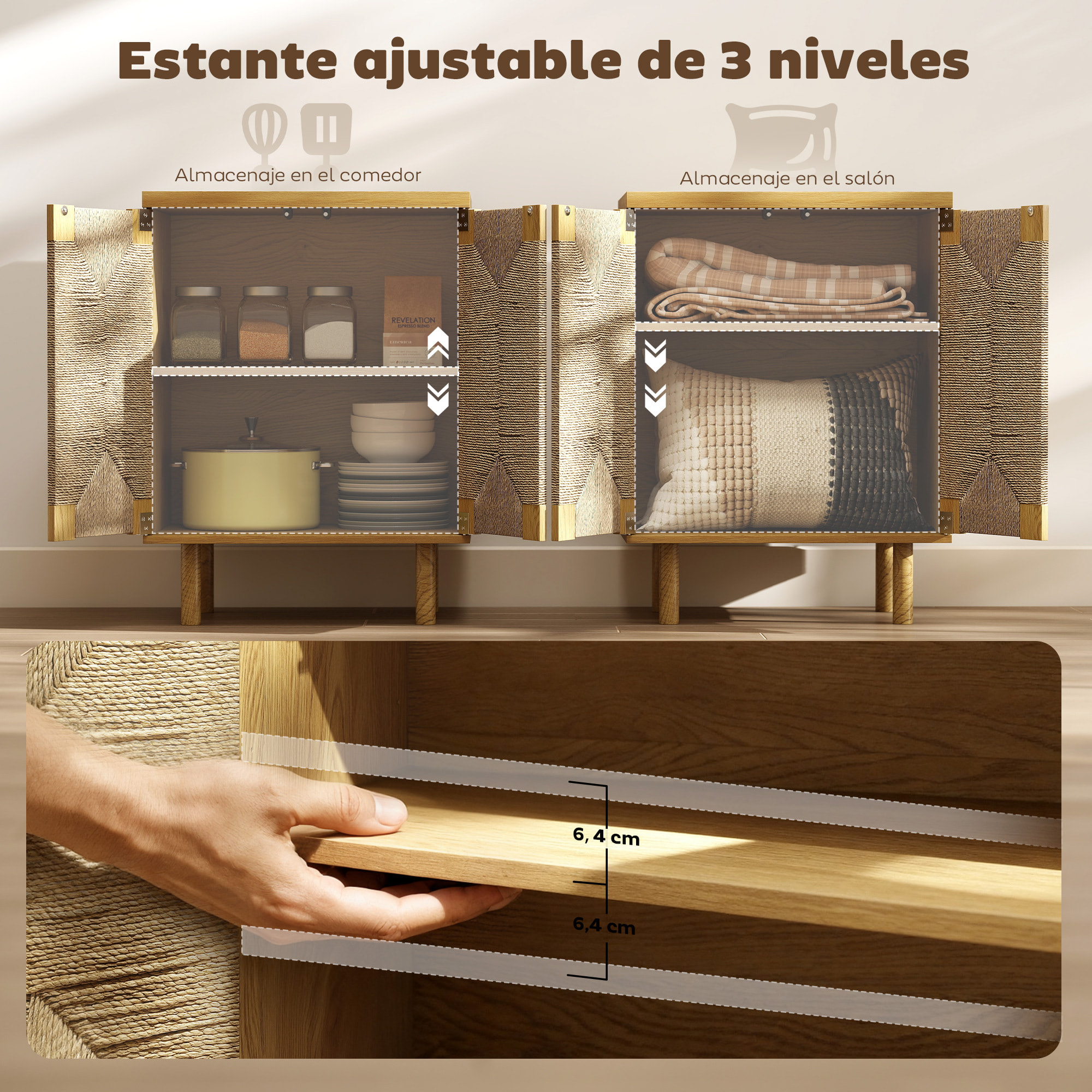 Aparador Bohemio de 2 Puertas con Cuerda Tejida a Mano, Aparador de Salón con Estante Ajustable, Apertura por Presión, Patas de Madera, Roble, 60x40x78 cm