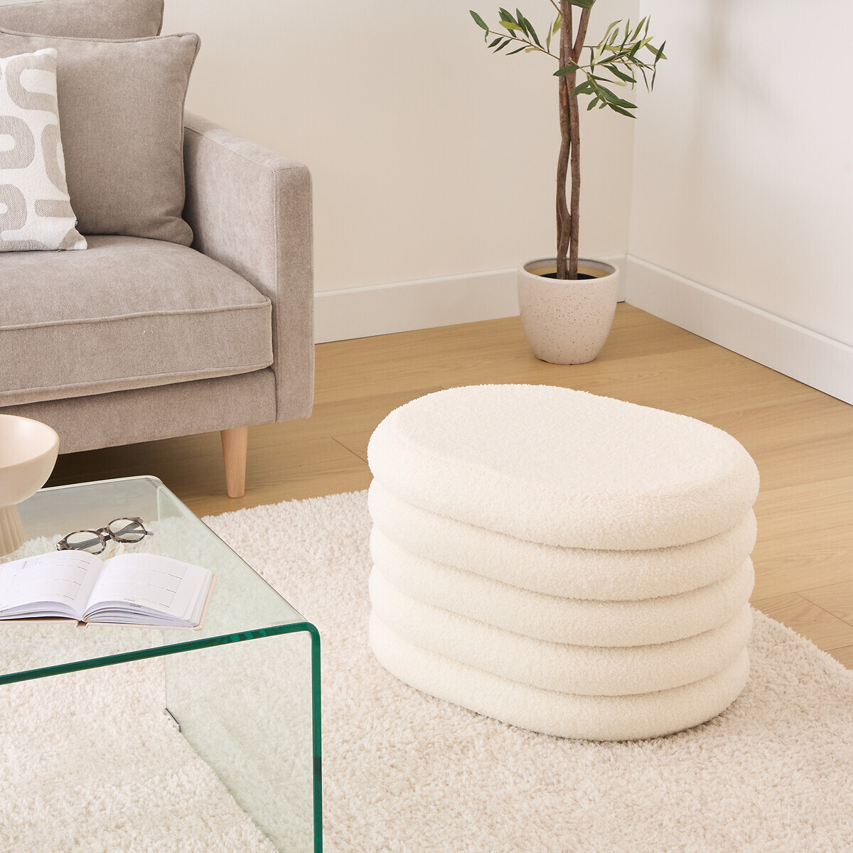 Pouf coffre bouclette Guilia blanc 59x45cm