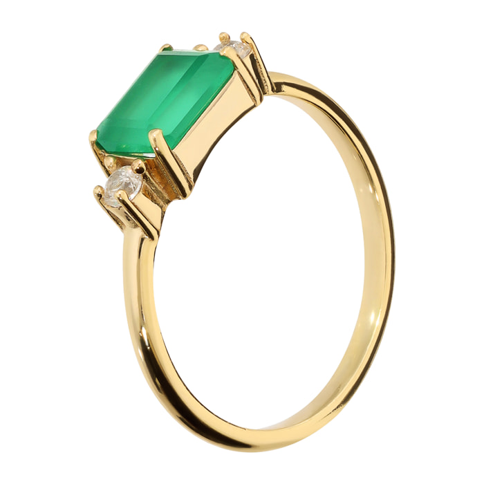 Anello Solitario in Argento 925 placcato Oro Giallo 18Kt con Cubic Zirconia e Onice Verde Ottagonale