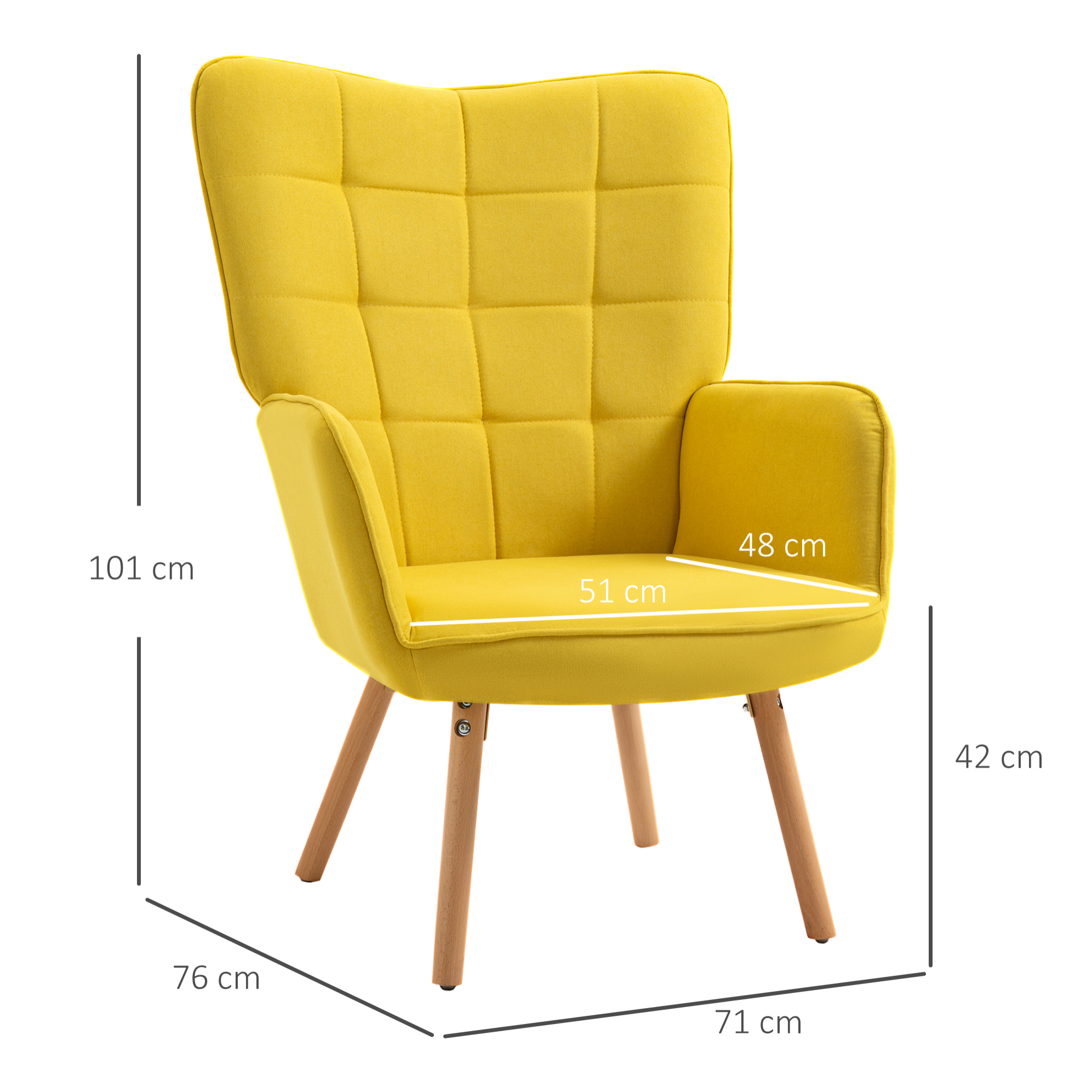 Butaca de Salón Moderna Sillón con Respaldo Alto Reposabrazos Tela de Lino y Patas de Madera de Haya para Comedor Cocina 71x76x101 cm Amarillo