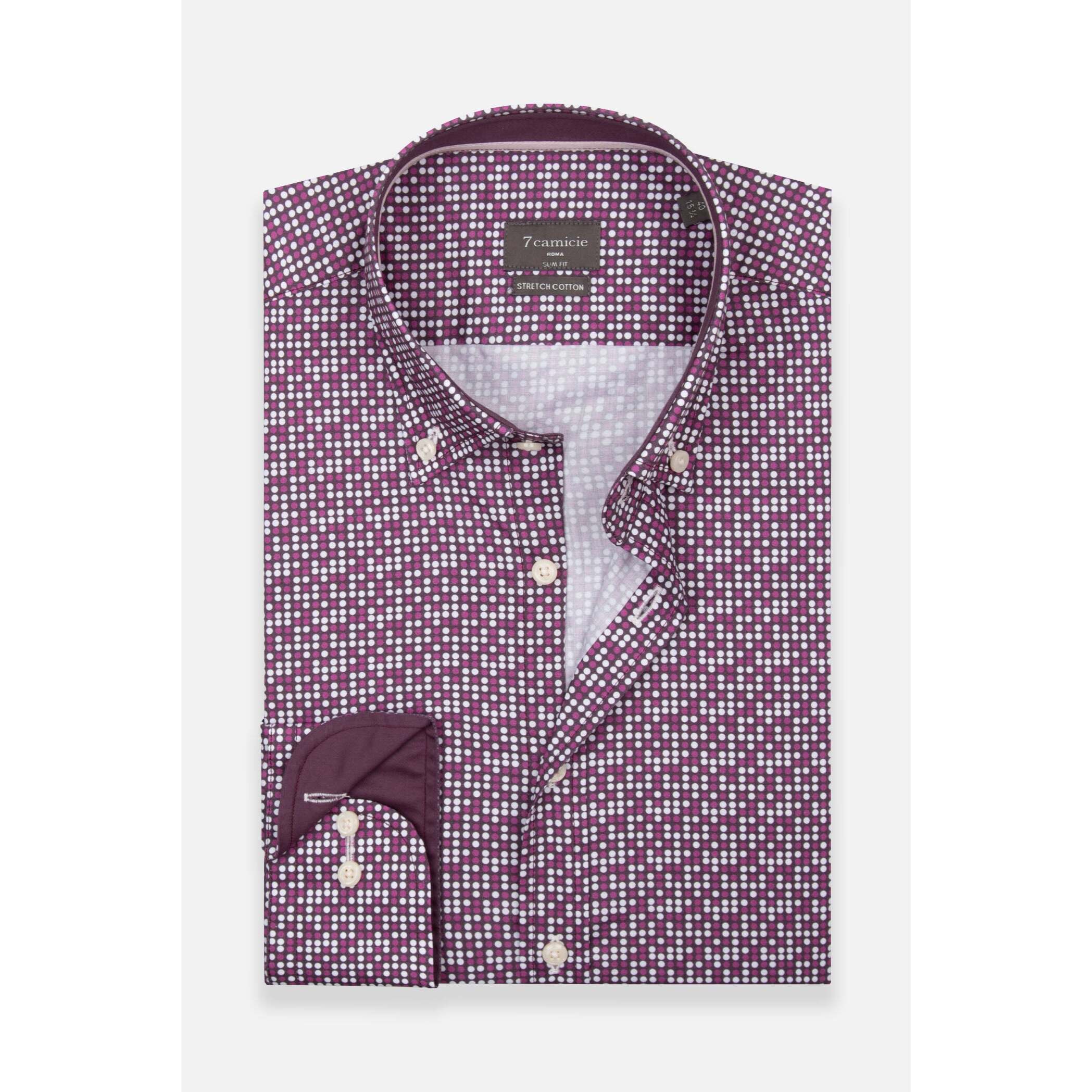 camicia uomo 1 bottone button down slim Popeline Stretch Stampato viola melanzana e viola ciclamino