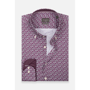 camicia uomo 1 bottone button down slim Popeline Stretch Stampato viola melanzana e viola ciclamino