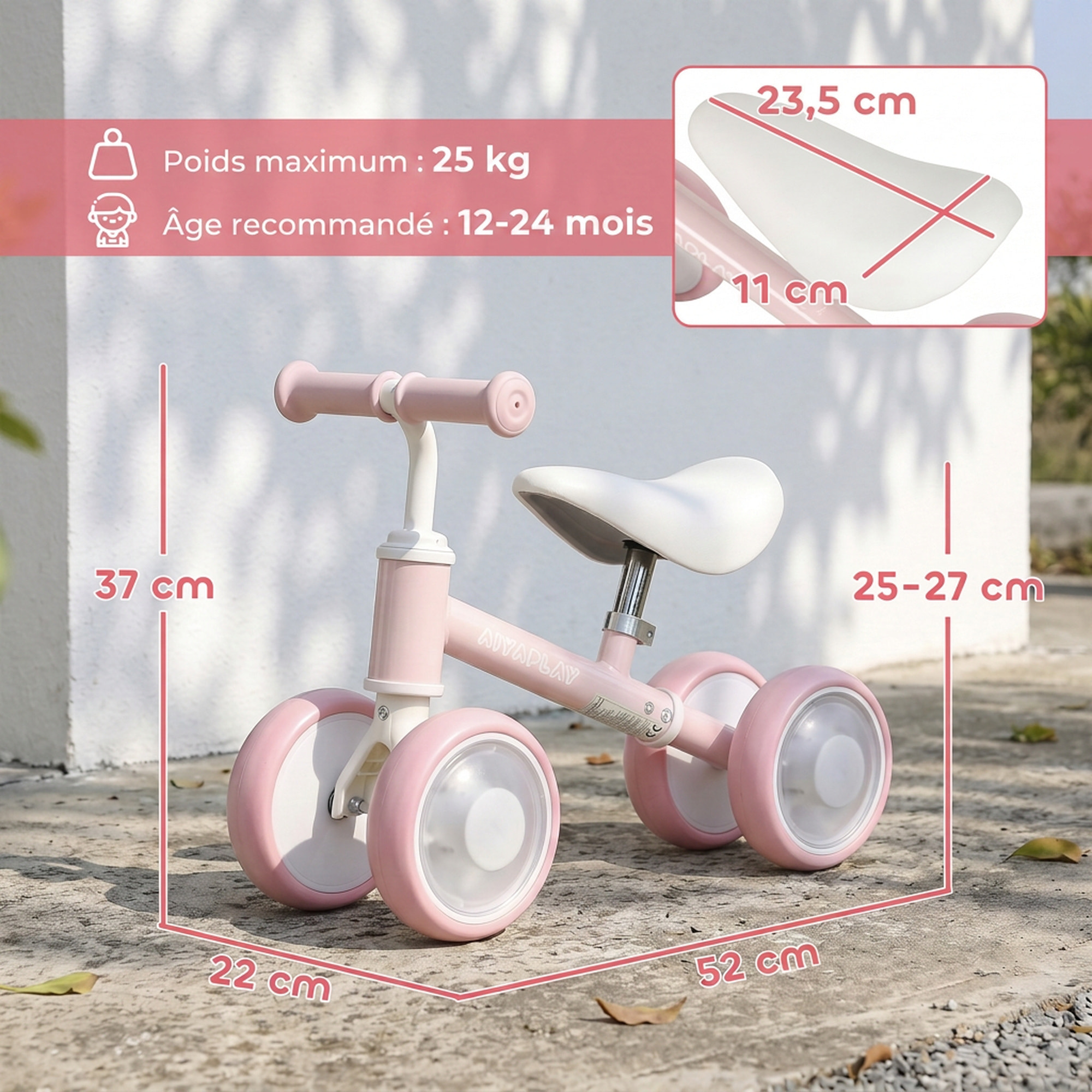 Draisienne enfant 4 roues LED réglable rose