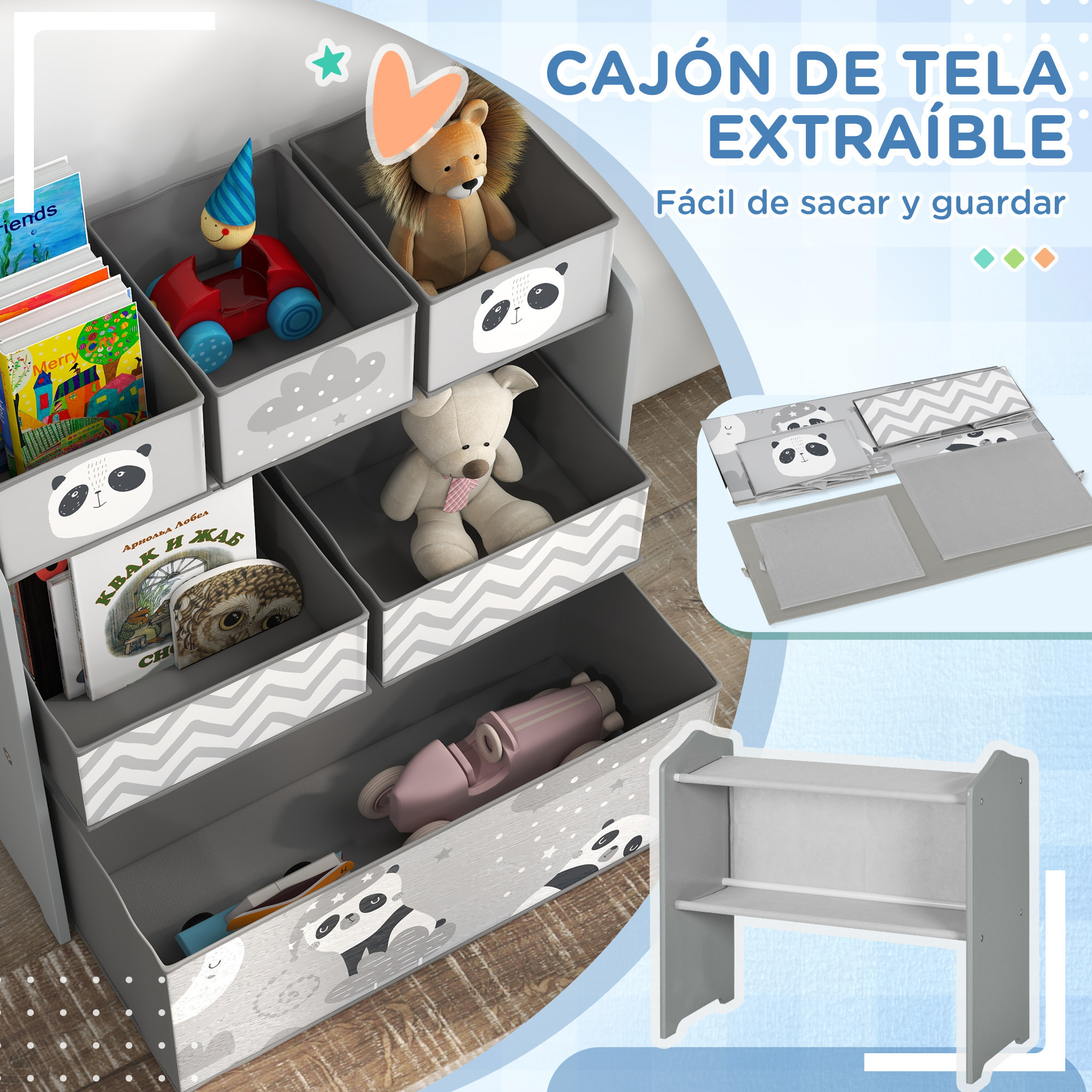 Estantería para Juguetes con 6 Cajas de Tela no Tejida Extraíbles Organizador de Juguetes para Niños de 3-8 Años para Dormitorio Guardería 63x30x66 cm Gris y Blanco