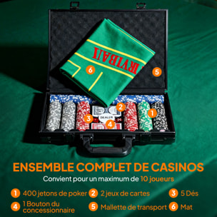 Mallette pro de poker 400 jetons 2 jeux cartes 5 dés bouton tapis alu