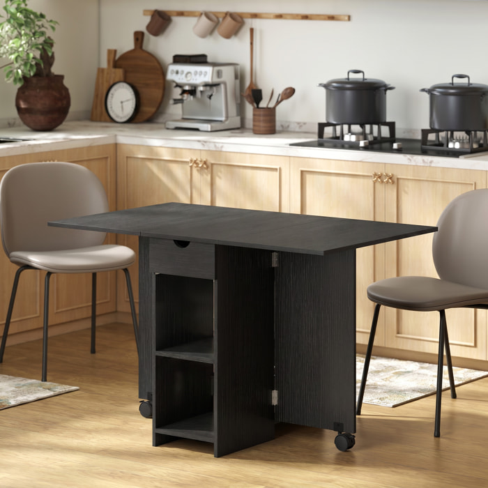 Table à manger pliable extensible 4 personnes - 2 abattants, 2 étagères, tiroir, roulettes - aspect bois noir