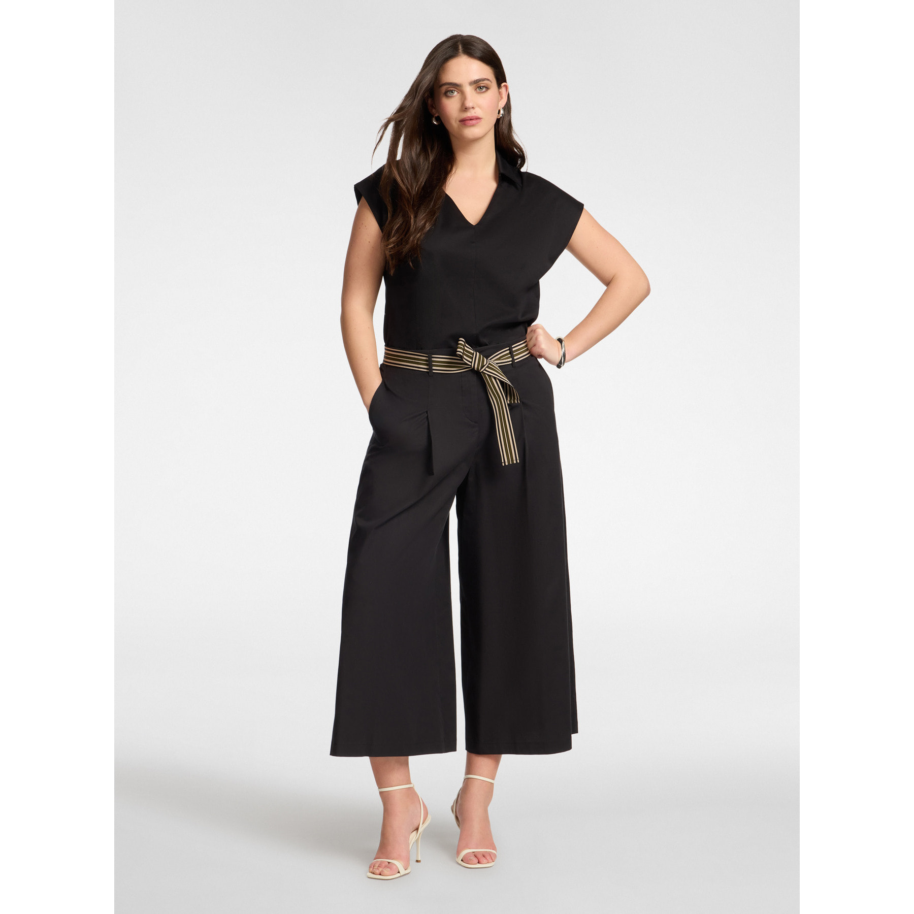 Elena Mirò - Pantaloni cropped popeline vita alta con cintura - Nero