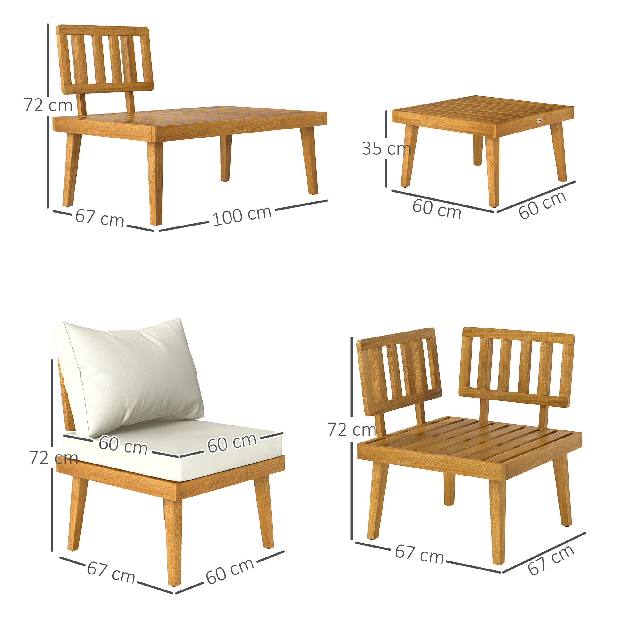 Salon de jardin d'angle 5 places en bois d'acacia avec table basse et tablettes latérales coussins crème