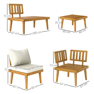 Salon de jardin d'angle 5 places en bois d'acacia avec table basse et tablettes latérales coussins crème